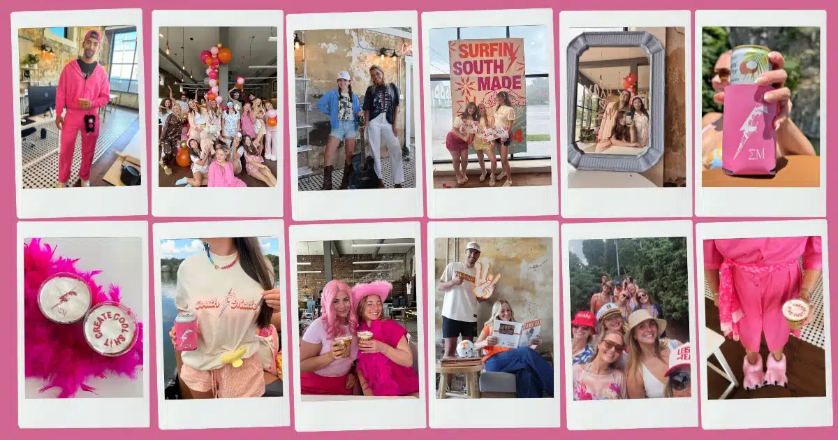 Photo collage from South Made Marketing Rush Week featuring themed outfits, team activities, branded merchandise, and office celebrations